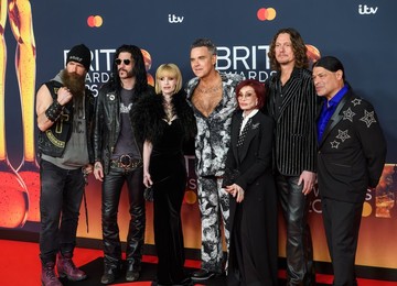 Zakk Wylde, Tommy Clufetos, Kelly Osbourne, Robbie Williams, Sharon Osbourne, Adam Wakeman and Robert Trujillo attend the BRIT Awards 2026, 28th February 2026