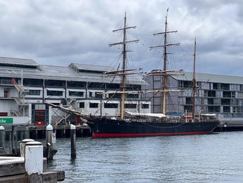 SYDNEY - JAN 07 2026:Historic tall ship James Craig moored at Darling Harbour, Sydney. Built in 1874, the ship was once abandoned and later painstakingly restored to full sailing condition by volunteers.