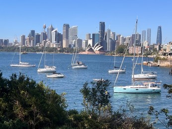 Landscape view of sail boats and yachts moored against Sydney downtown skyline