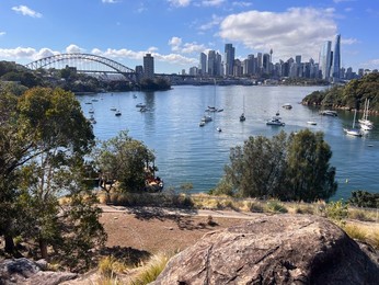 Aerial landscape view of Sydney downtown skyline and Sydney Harbour Bridge