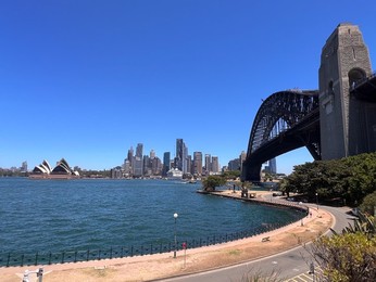 Aerial landscape view of Sydney downtown skyline and Sydney Harbour Bridge