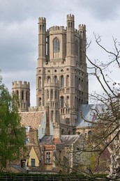 West tower of the "Ship of the Fens"  , Ely Cathedral , standing prominant in Ely, Cambridgeshire, UK.