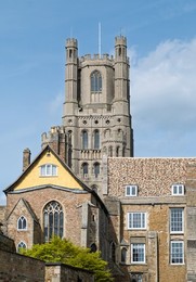 West tower of the "Ship of the Fens"  Ely Cathedral , standing prominant in Ely, Cambridgeshire, UK.
