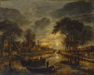 Nocturnal Canal Landscape with Fishing Boats, c1645-1650. Creator: Aert van der Neer.