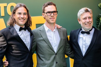 Fredi Devas, Benedict Cumberbatch and Jonnie Hughes attend the World Premiere of "How To Live On Earth" at ODEON Luxe Leicester Square on June 22, 2026 in London, England.