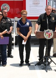 Los Angeles Mayor Karen Bass holds a press conference at Lineage Warehouse fire in Boyle Heights