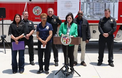 Los Angeles Mayor Karen Bass holds a press conference at Lineage Warehouse fire in Boyle Heights