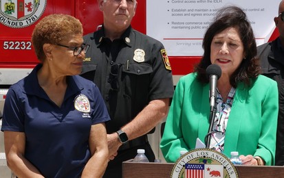 Los Angeles Mayor Karen Bass holds a press conference at Lineage Warehouse fire in Boyle Heights