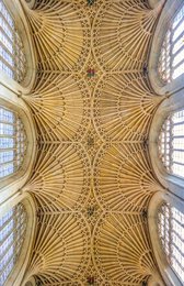 Spectacular fan vaulting ceiling of Bath Abbey showing intricate Perpendicular Gothic stonework and ribbed arches, Somerset, England, UK
