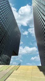 Modern office towers in Düsseldorf harbour, Germany, dramatic urban geometry